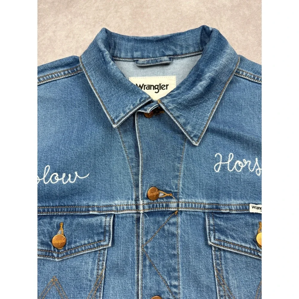 Wrangler Slow Horses Embroidered Denim Blue Trucker Jacket Medium Wash Mens L